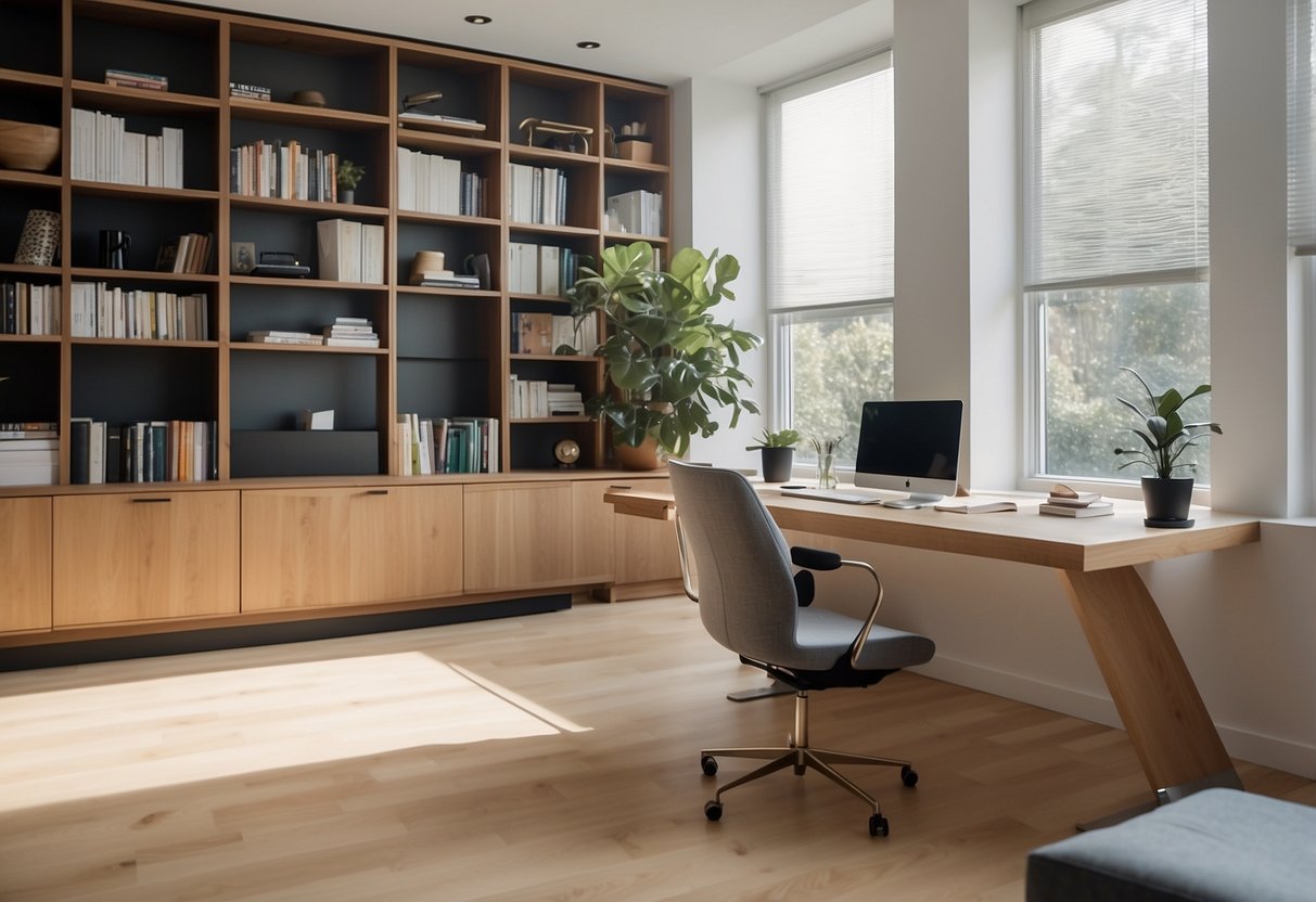 A bright, modern study room with a sleek desk, ergonomic chair, and adjustable bookshelves. The room is well-lit with natural light and features a cozy reading nook