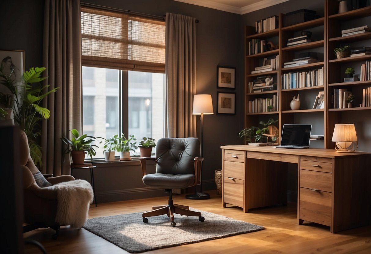 A cozy study room with a desk, chair, bookshelf, and lamp, all available for rent through a furniture rental service