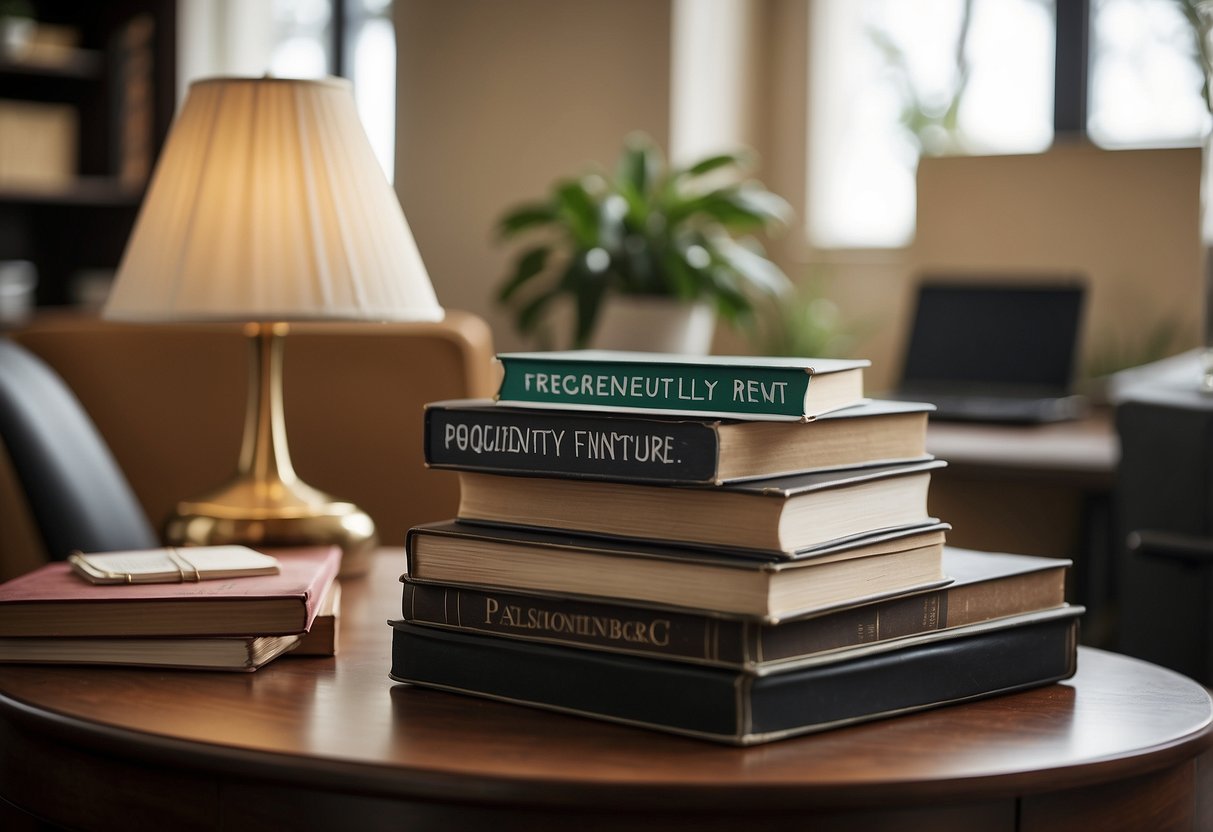 A stack of study room furniture items with a sign reading "Frequently Asked Questions for rent" displayed prominently