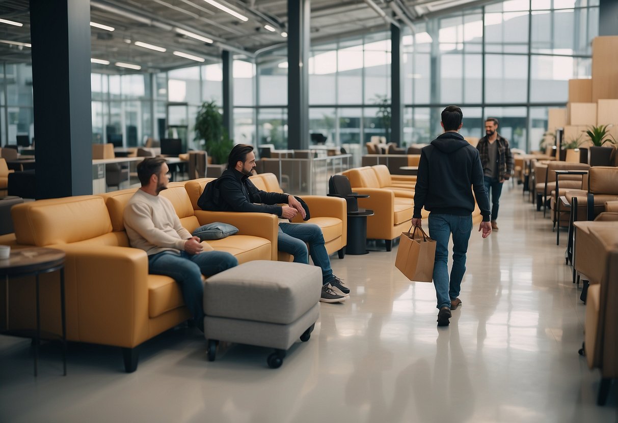 People carrying sofas, chairs, and tables to a designated collection area