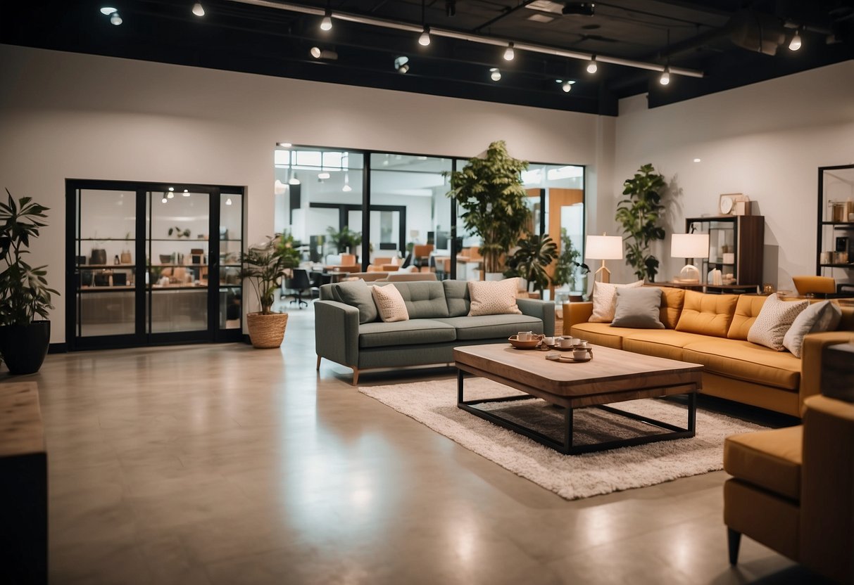 A spacious showroom with neatly arranged furniture displays, bright lighting, and friendly staff assisting customers