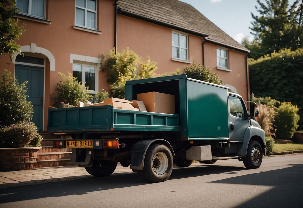 A truck parked outside a house, with people loading old furniture onto it for collection