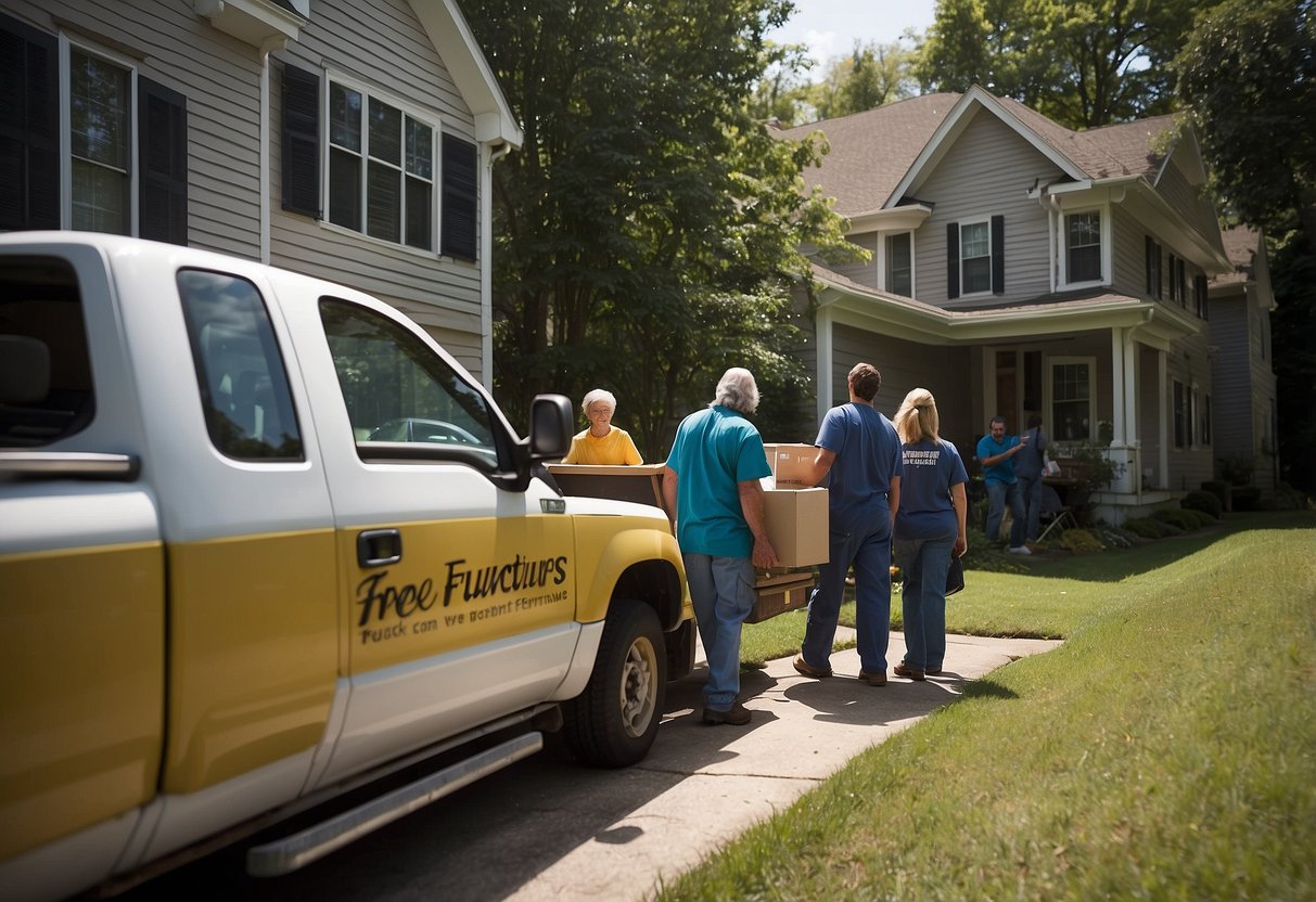 A truck being loaded with donated furniture outside a home. Volunteers helping to carry items and a sign displaying "Free Furniture Collection" nearby
