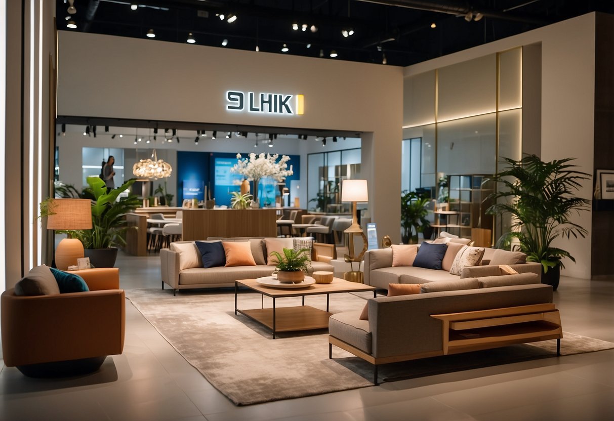 Customers browsing modern furniture displays in Singapore's affordable stores. Bright lighting, sleek designs, and colorful decor
