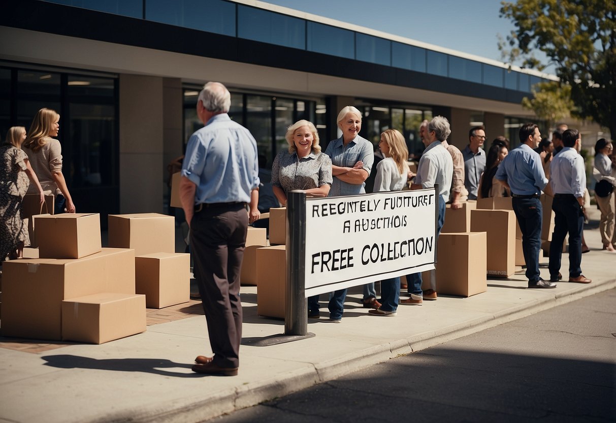 A line of people waiting to drop off furniture at a designated collection point, with a sign reading "Frequently Asked Questions free furniture collection"