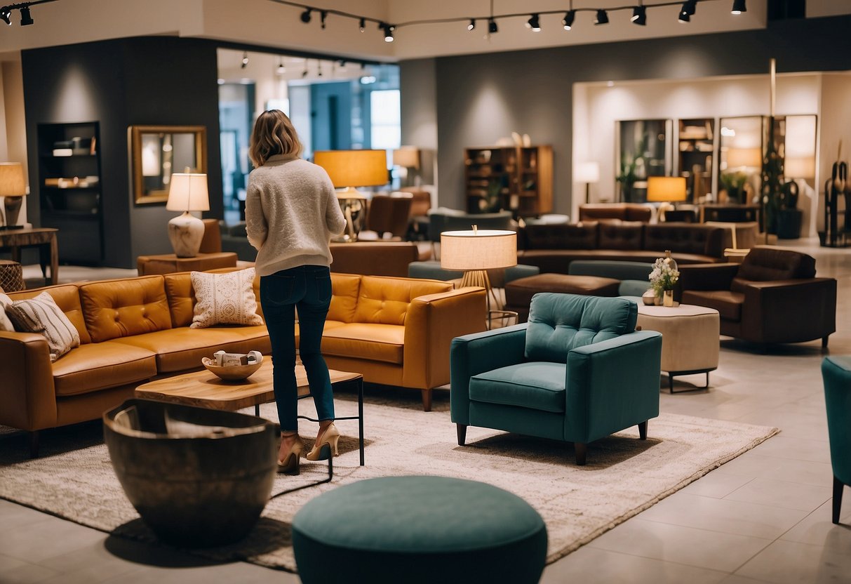 A person browsing through a variety of furniture pieces in a well-lit and spacious store, carefully comparing prices and styles