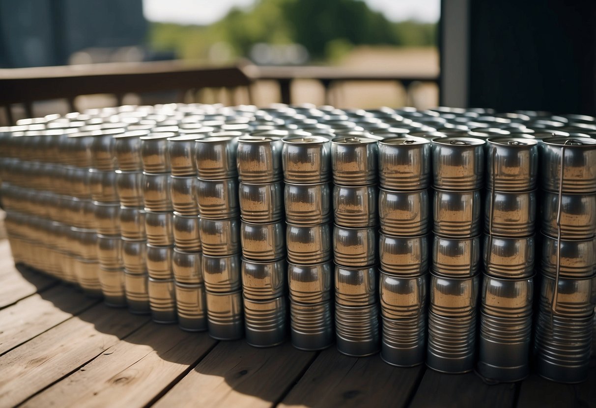 Empty beer cans stacked to form a makeshift table and chairs