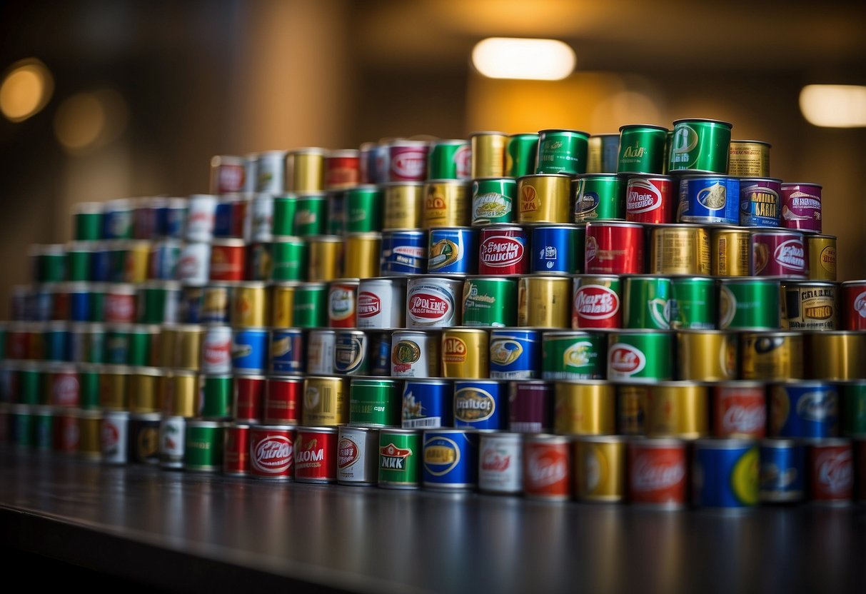 Empty beer cans stacked in a pyramid shape, forming a chair and table set. Brightly colored labels facing outwards