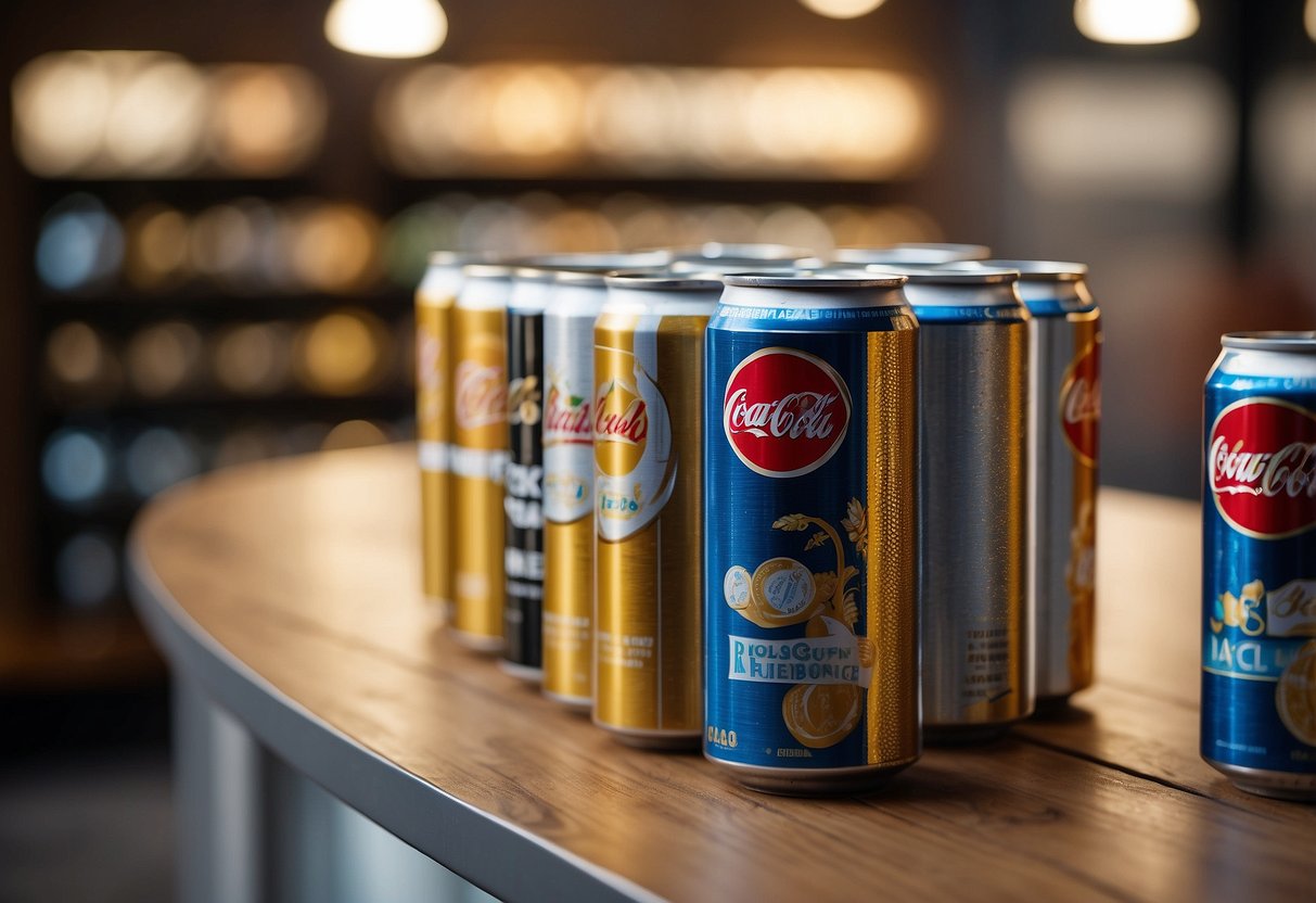 A display of beer can furniture in a well-lit showroom, with various pieces arranged to showcase their functionality and style