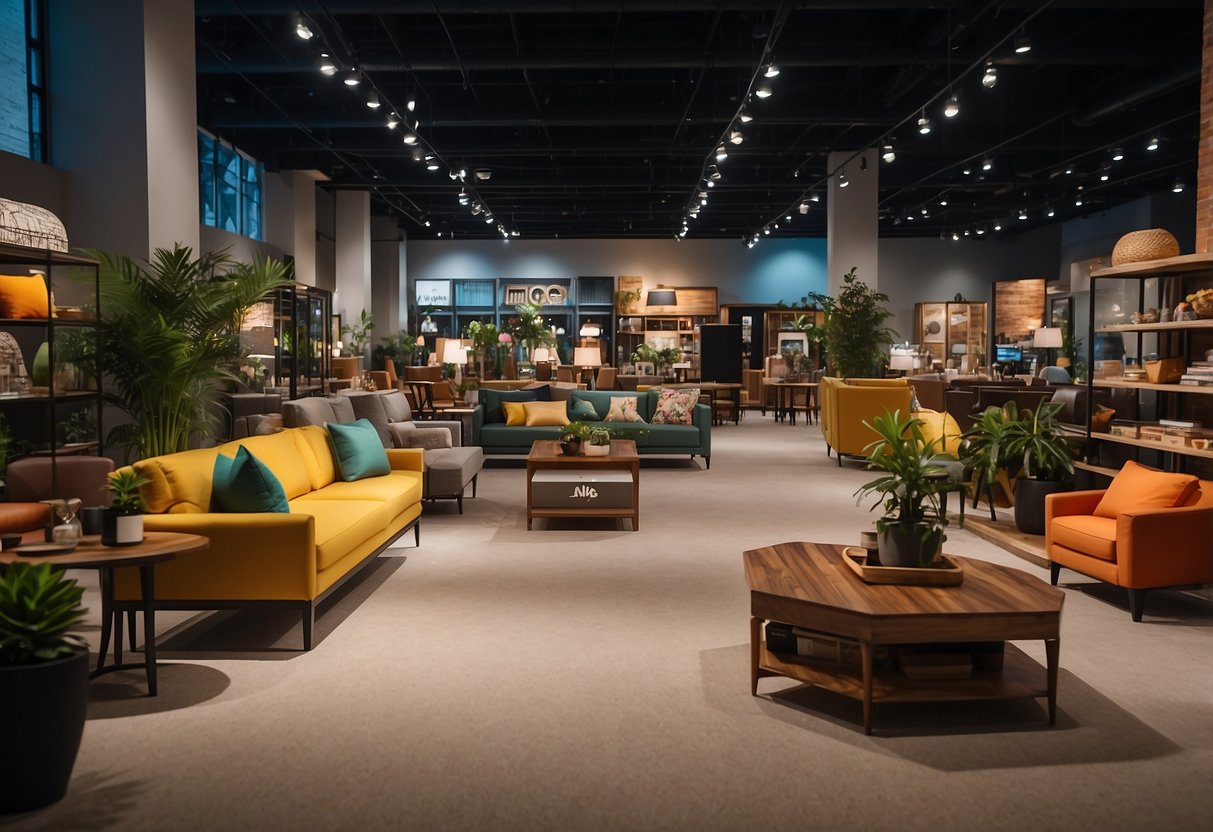 A bustling furniture store with colorful displays and helpful staff assisting customers with their inquiries