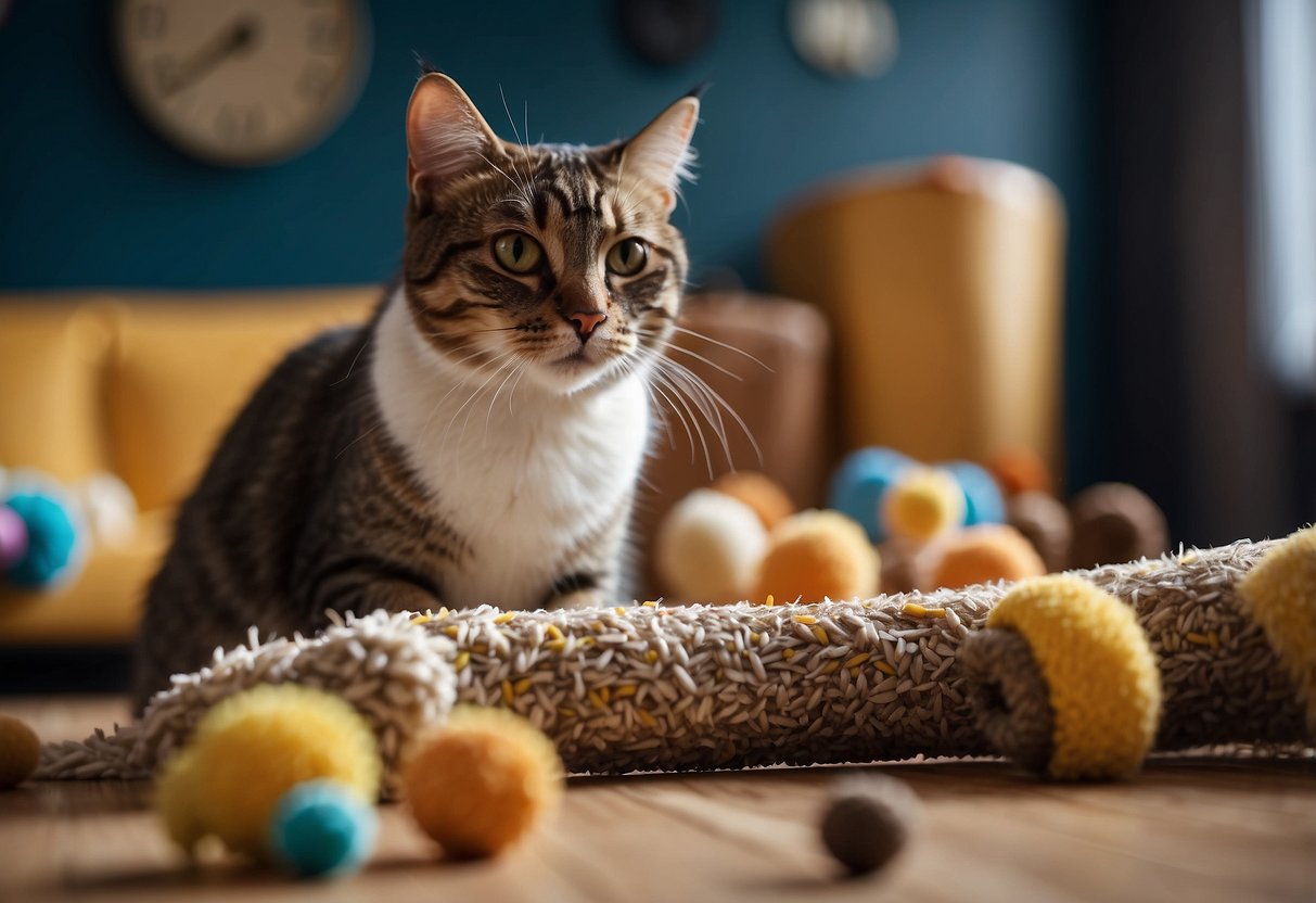 A cat stands near a shredded couch, looking at a scratching post. The post is surrounded by toys and treats