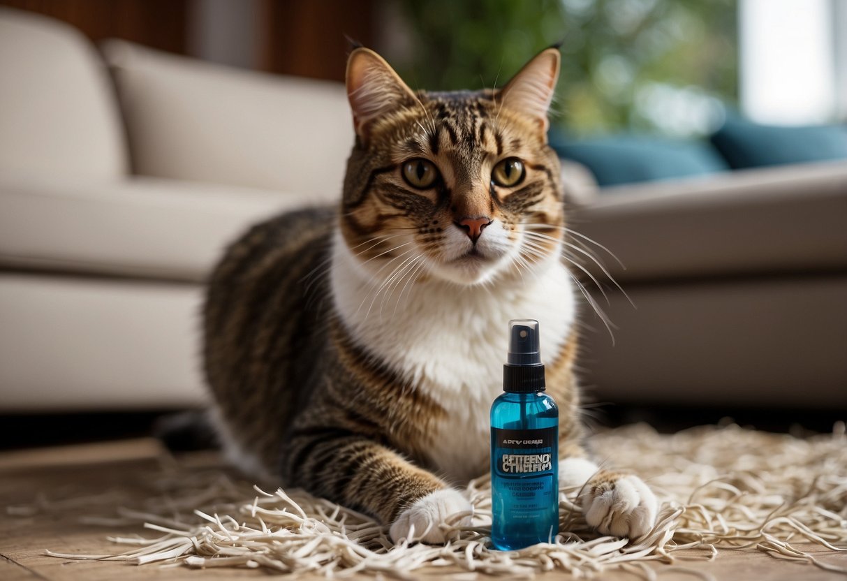 A cat scratching post placed next to a couch with shredded corners. A spray bottle labeled "deterrent" sits nearby