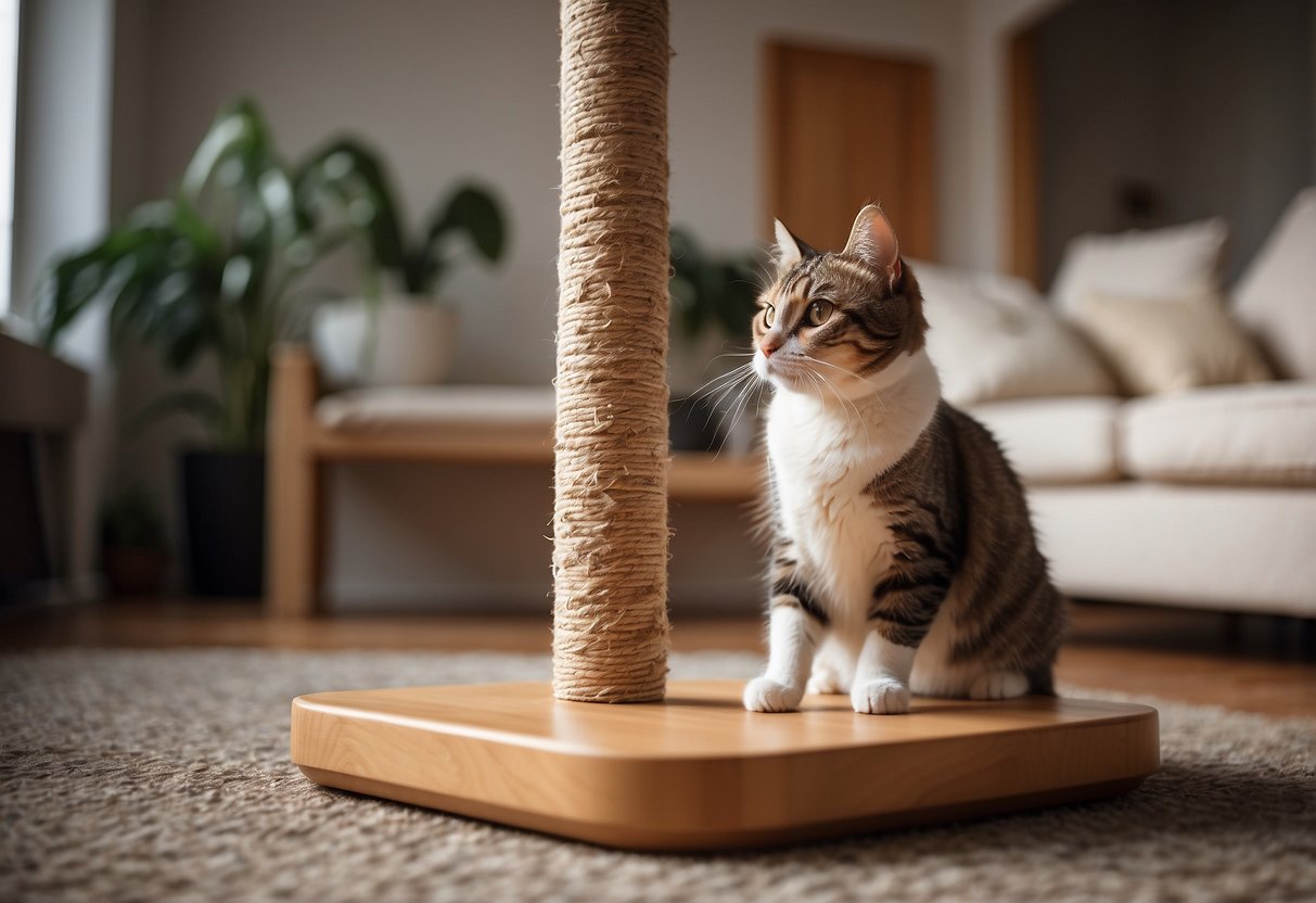 A cat scratching post stands in a living room, while a cat is seen scratching it instead of the furniture