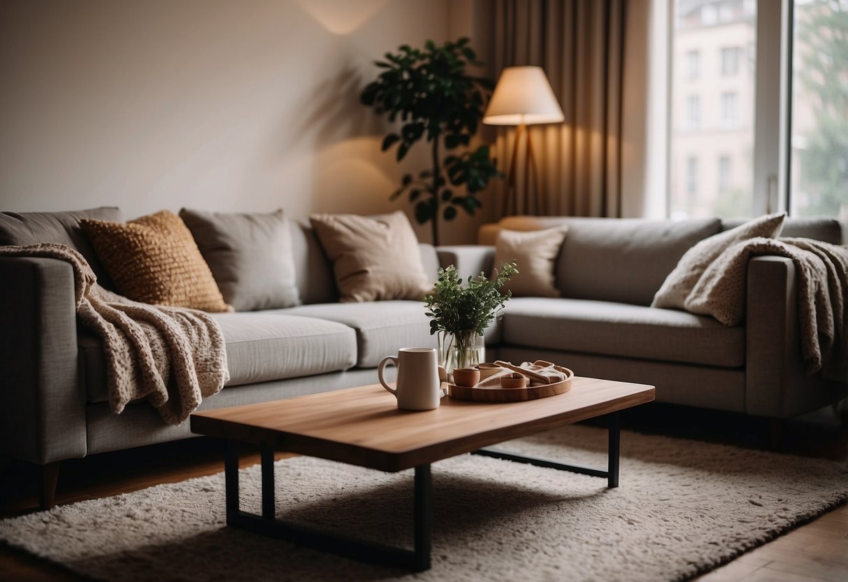 A cozy living room with a sofa covered in soft blankets, a coffee table, and a warm, inviting atmosphere