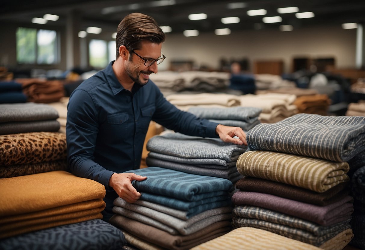 A person carefully selecting furniture blankets from a variety of options, considering size, material, and color