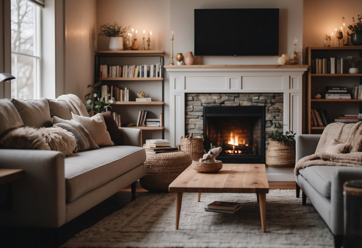A cozy living room with a plush sofa, a coffee table, and a soft rug. A bookshelf filled with books and a warm fireplace completes the scene