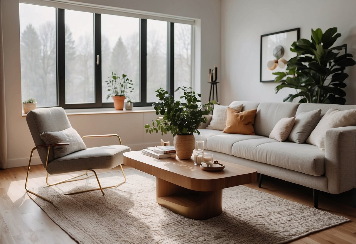 A cozy living room with a comfortable sofa, stylish coffee table, and soft area rug. A modern dining area with a sleek table and chairs. Bright, natural lighting fills the room, creating a welcoming atmosphere