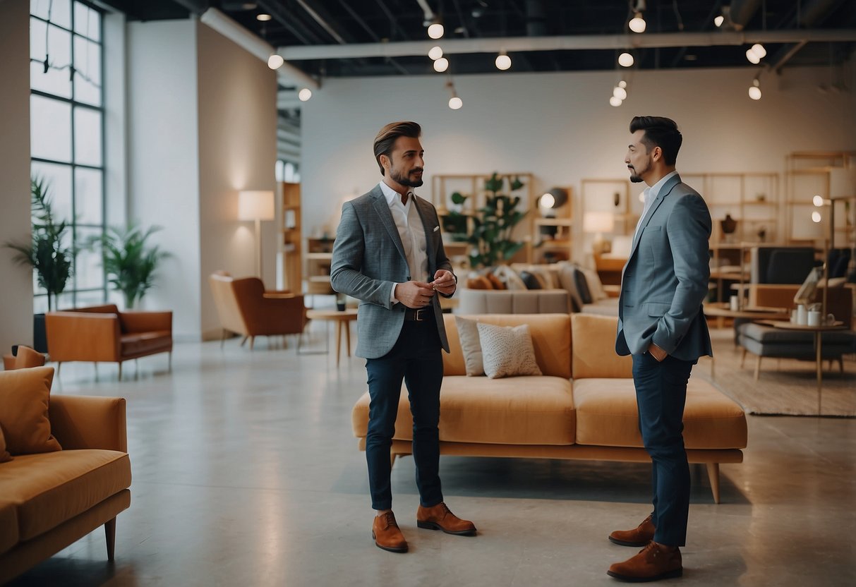 A well-dressed person confidently examines various furniture pieces in a spacious, well-lit showroom, with a keen eye for quality and style