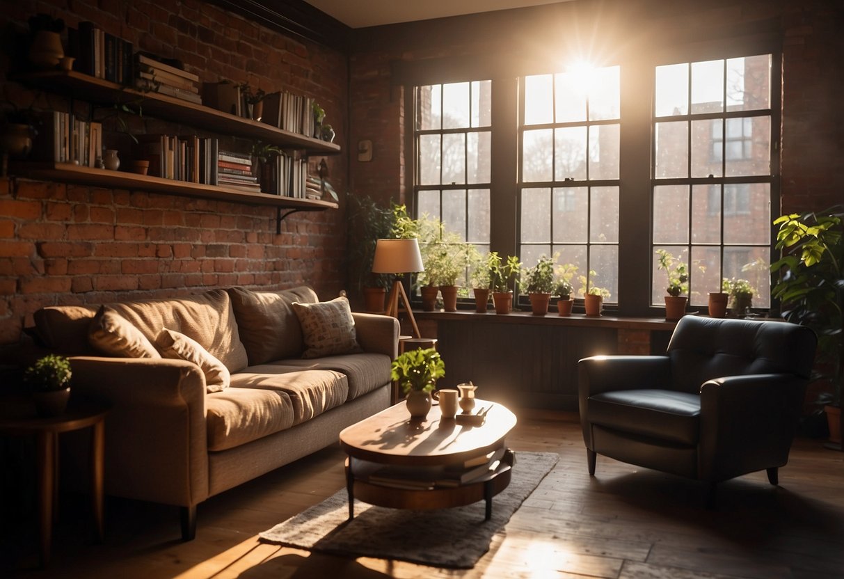 A cozy living room with a plush sofa, a coffee table, and a bookshelf against a brick wall. Sunlight streams in through a large window, casting warm, inviting shadows