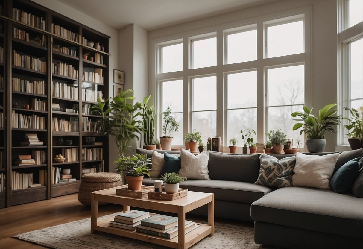 A cozy living room with a comfortable sofa, a stylish coffee table, and a bookshelf filled with books and decorative items. A large window lets in natural light, and a potted plant adds a touch of greenery to the room