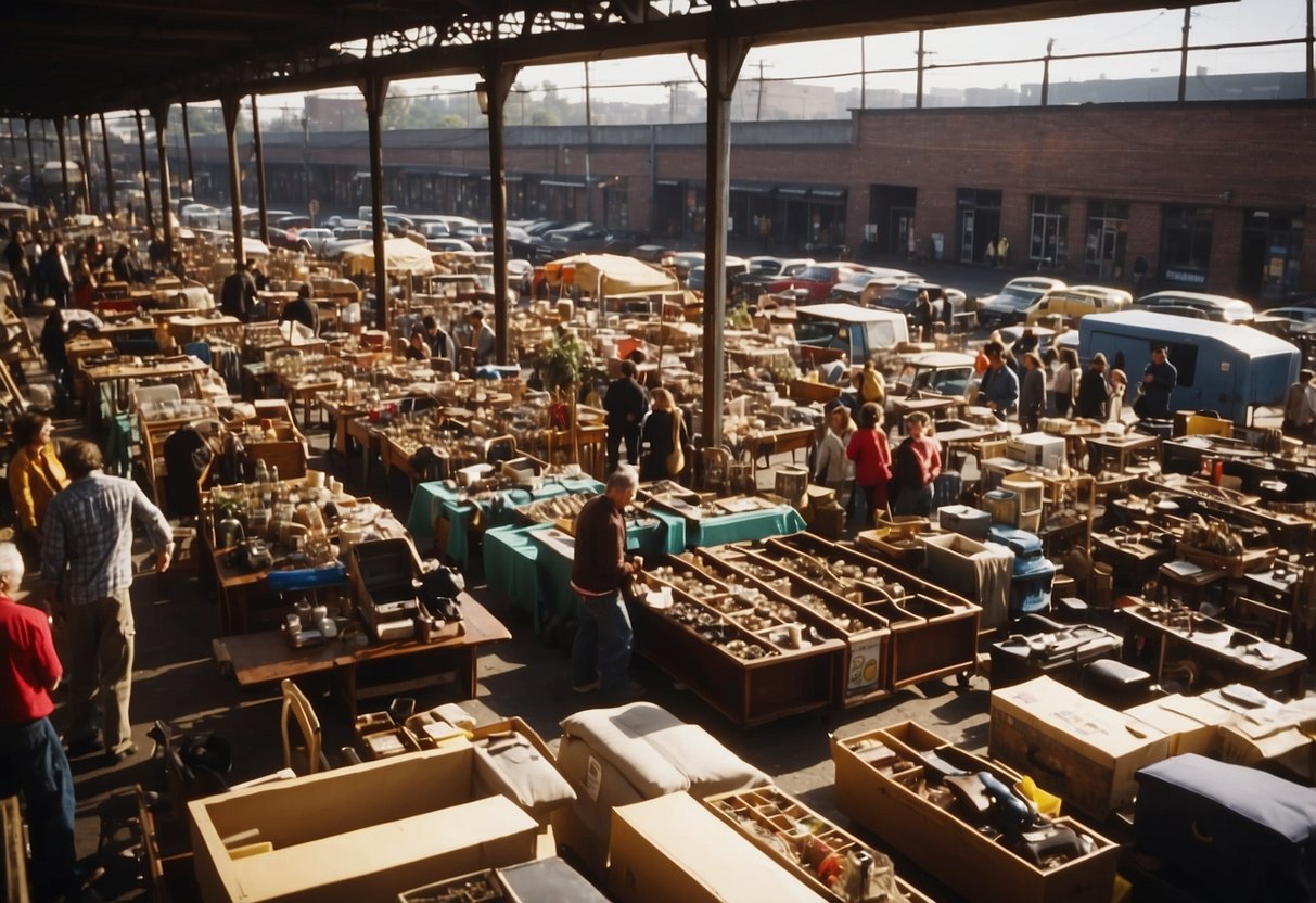 A bustling flea market with rows of colorful, secondhand furniture and bargain hunters searching for the best deals
