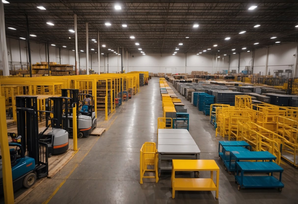 A bustling furniture warehouse with rows of colorful chairs, tables, and shelves. Bright lights illuminate the expansive space, while workers navigate the aisles with forklifts