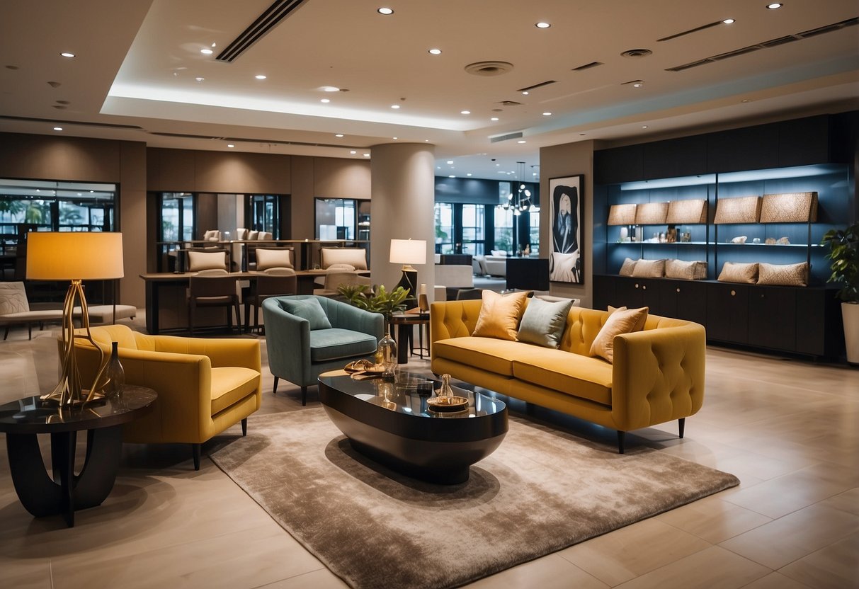 A spacious showroom on Genting Lane displays a variety of high-quality furniture pieces. Bright lighting highlights the elegant designs and comfortable seating options