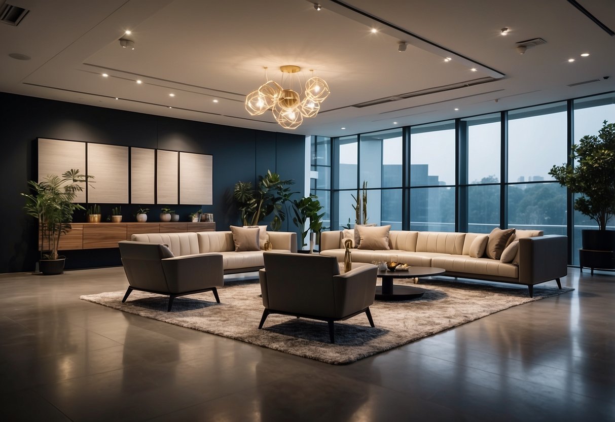 A modern, spacious showroom with sleek, stylish furniture arranged in functional displays, highlighting quality and affordability