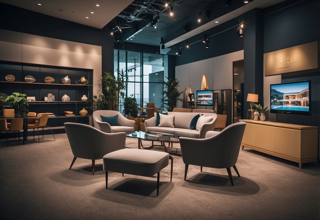 A row of modern furniture displayed in a spacious showroom on Genting Lane, with signage indicating "Frequently Asked Questions."