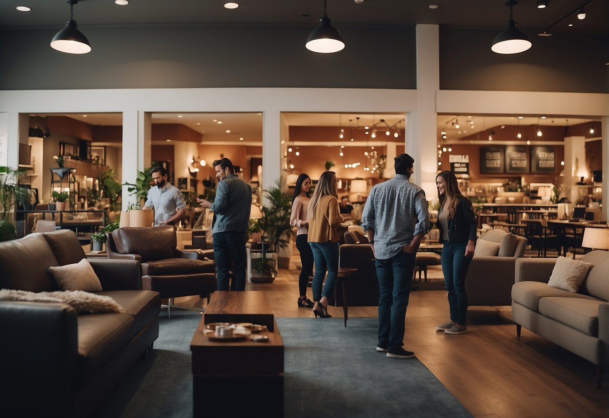 A crowded furniture store with a large "Frequently Asked Questions" sign, customers browsing for cheap items, and a helpful staff member assisting a customer