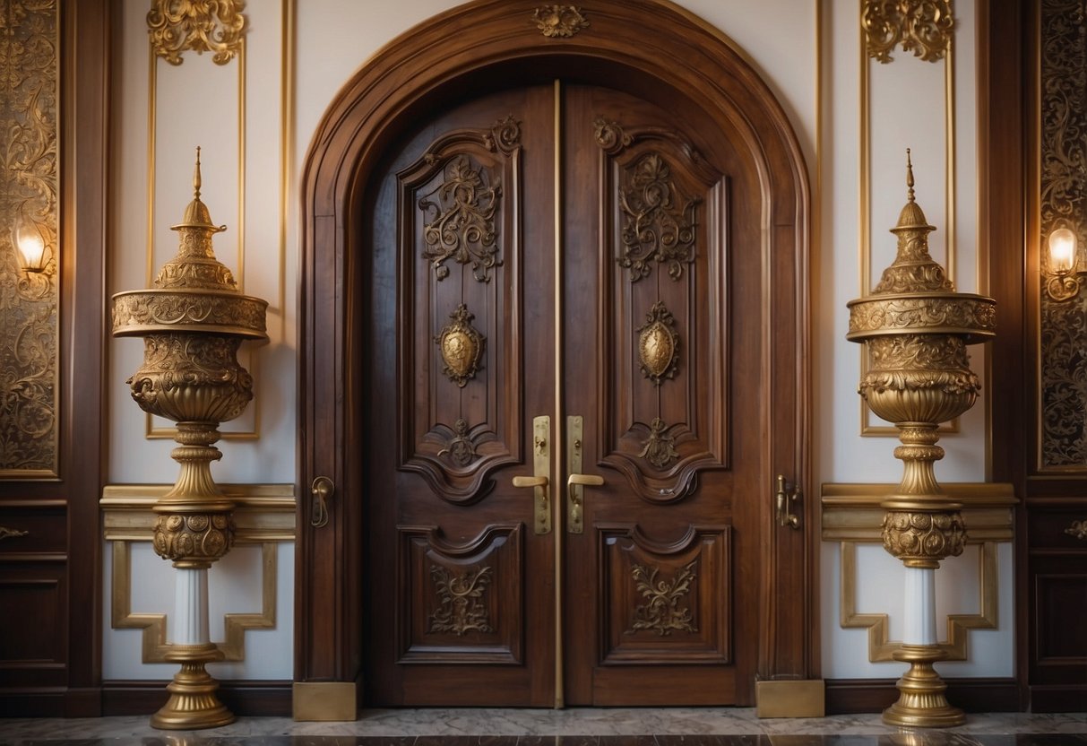 A wooden main door stands between two ornate pieces of furniture