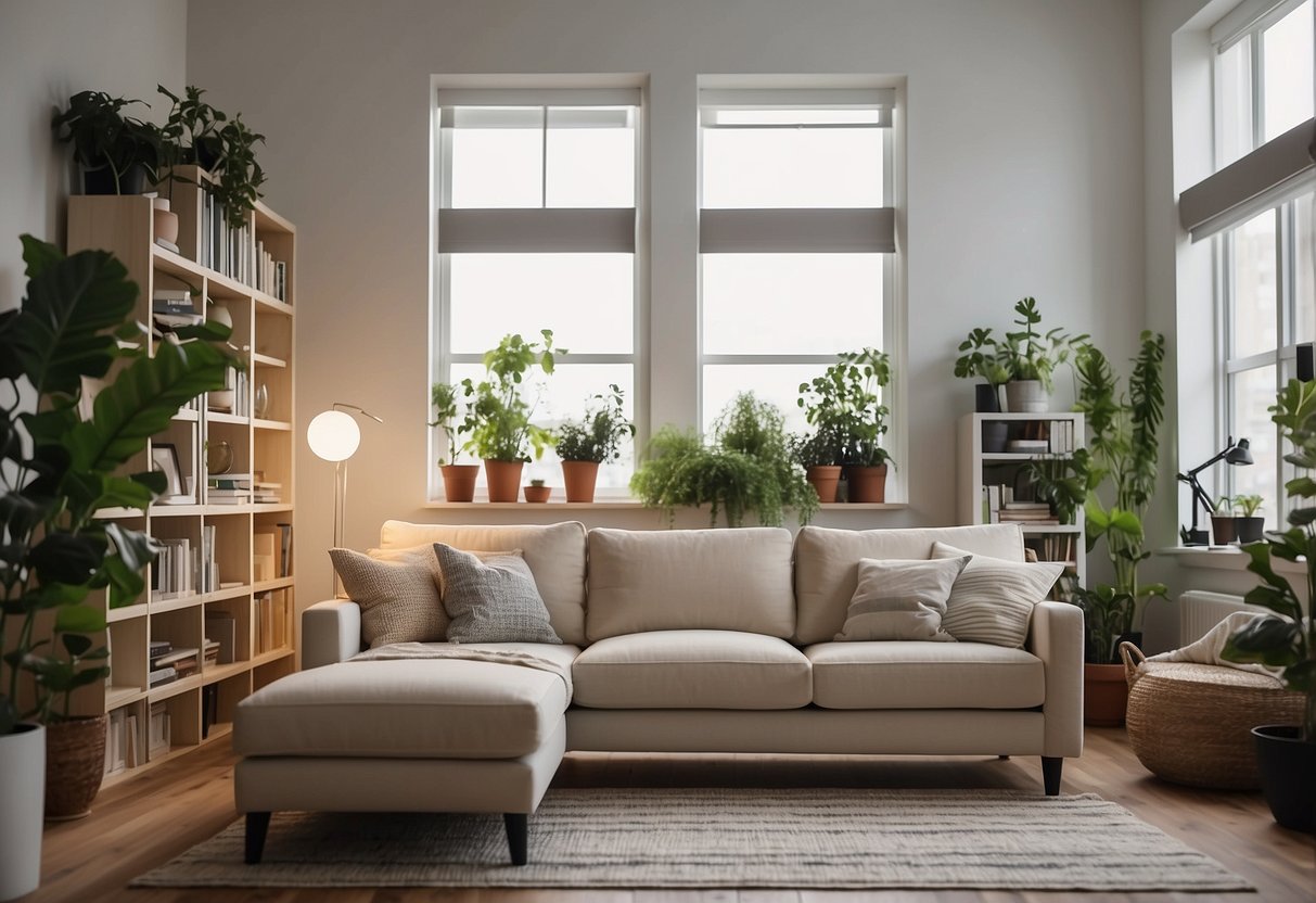 A living room with assembled IKEA furniture packages, including a sofa, coffee table, bookshelf, and lamp. The room is bright and spacious, with a large window and potted plants