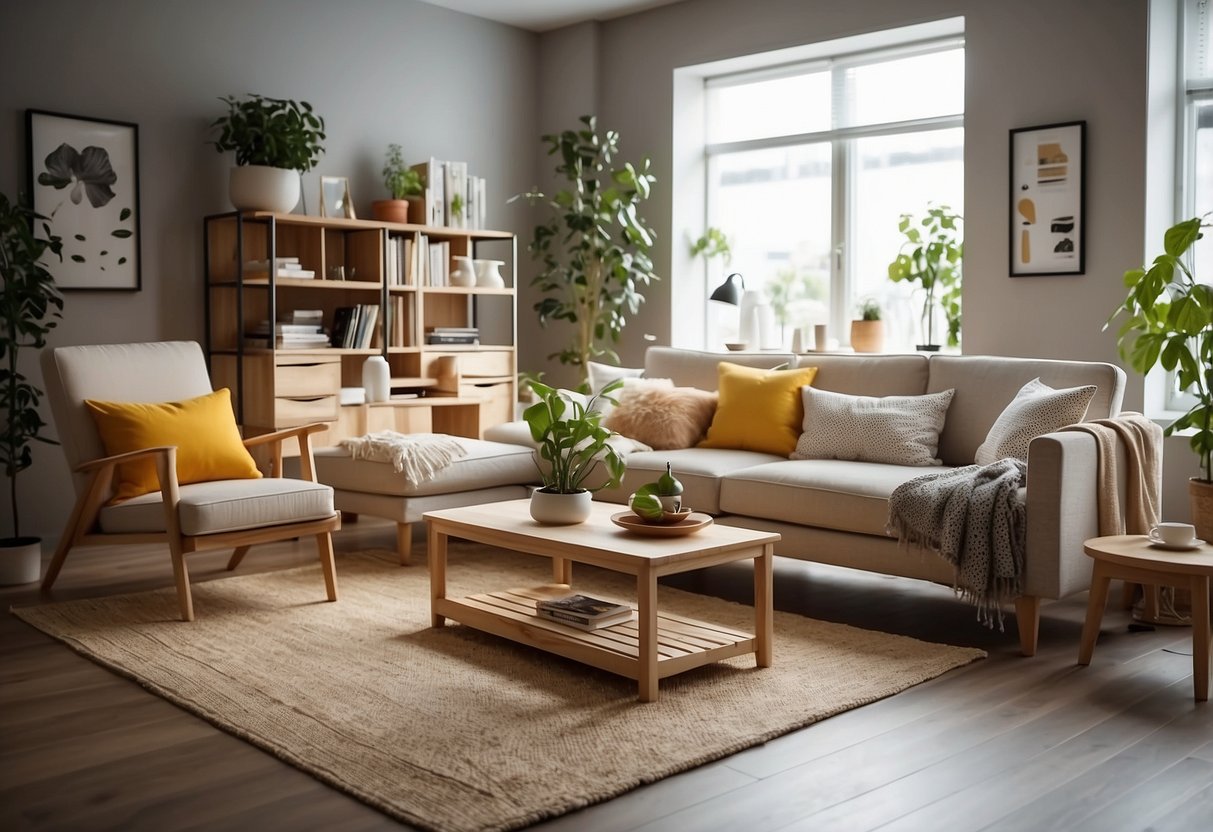 A room with various IKEA furniture sets arranged in a showroom style. Bright lighting and clean, modern designs