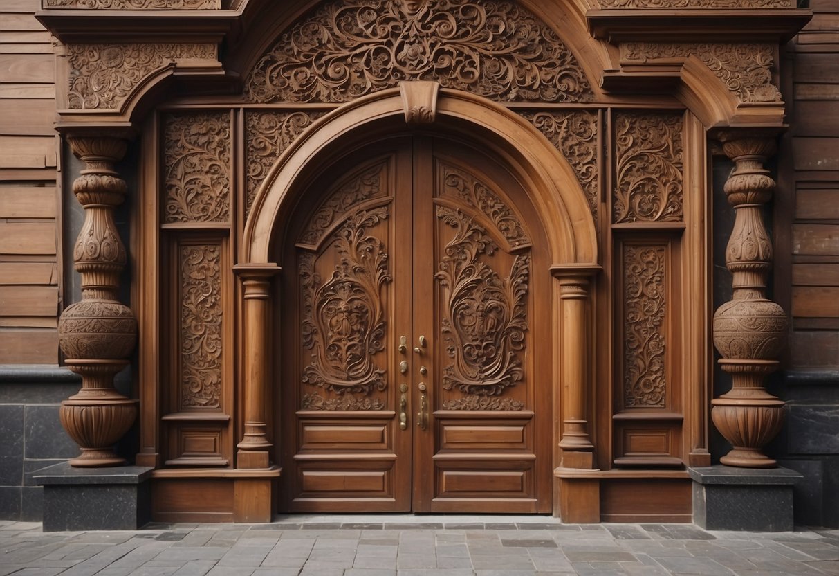 A wooden main door with intricate carvings and a decorative handle. The door is surrounded by a frame with ornate detailing