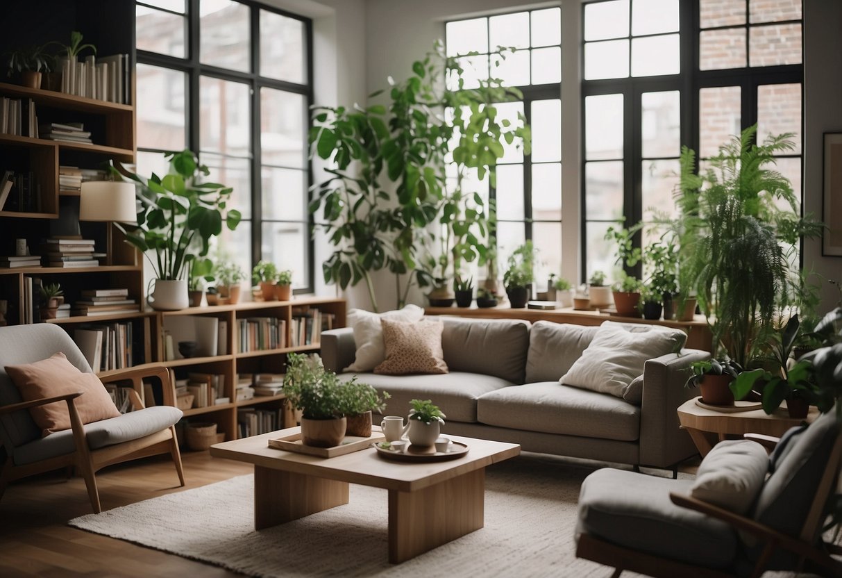 A living room with a cozy sofa, stylish coffee table, and sleek bookshelves from IKEA. The room is bathed in natural light, with plants adding a touch of greenery