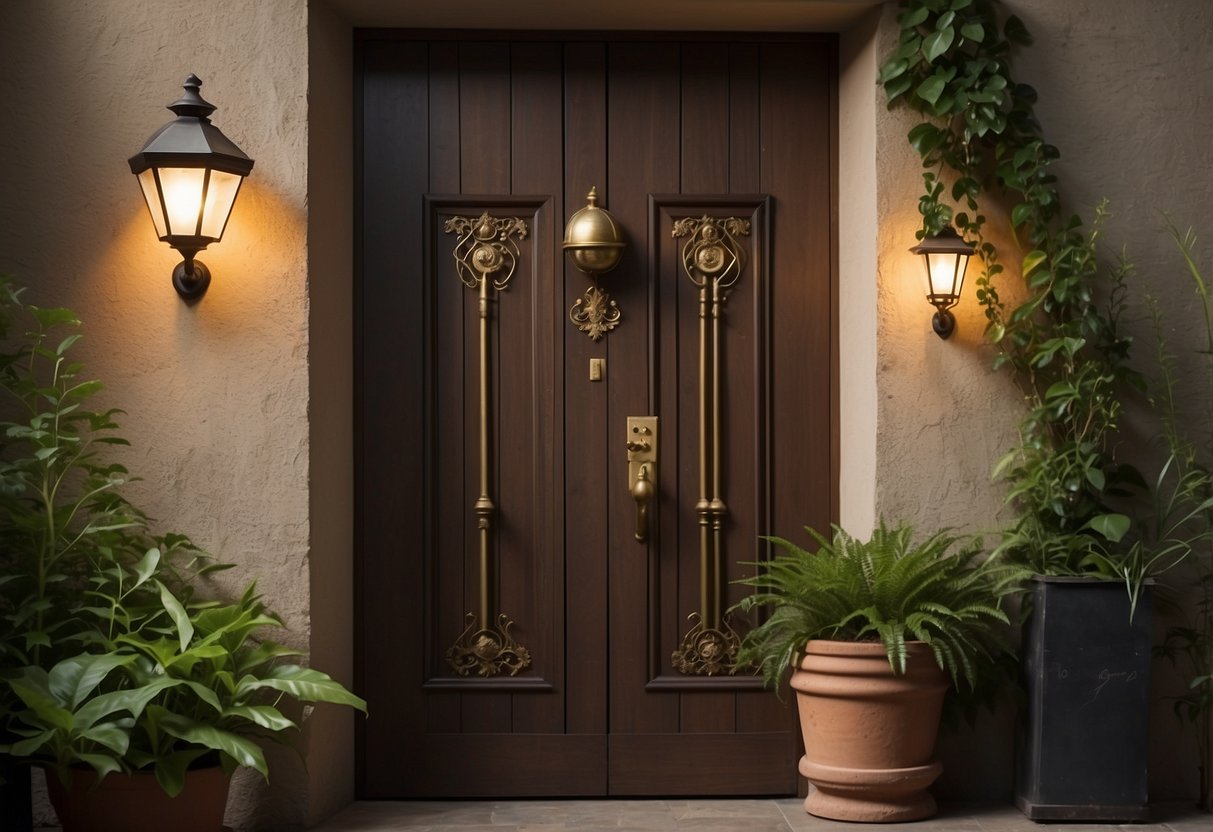 A wooden main door with metal handles, a peephole, and a decorative knocker. The door is flanked by potted plants and illuminated by a wall-mounted lantern
