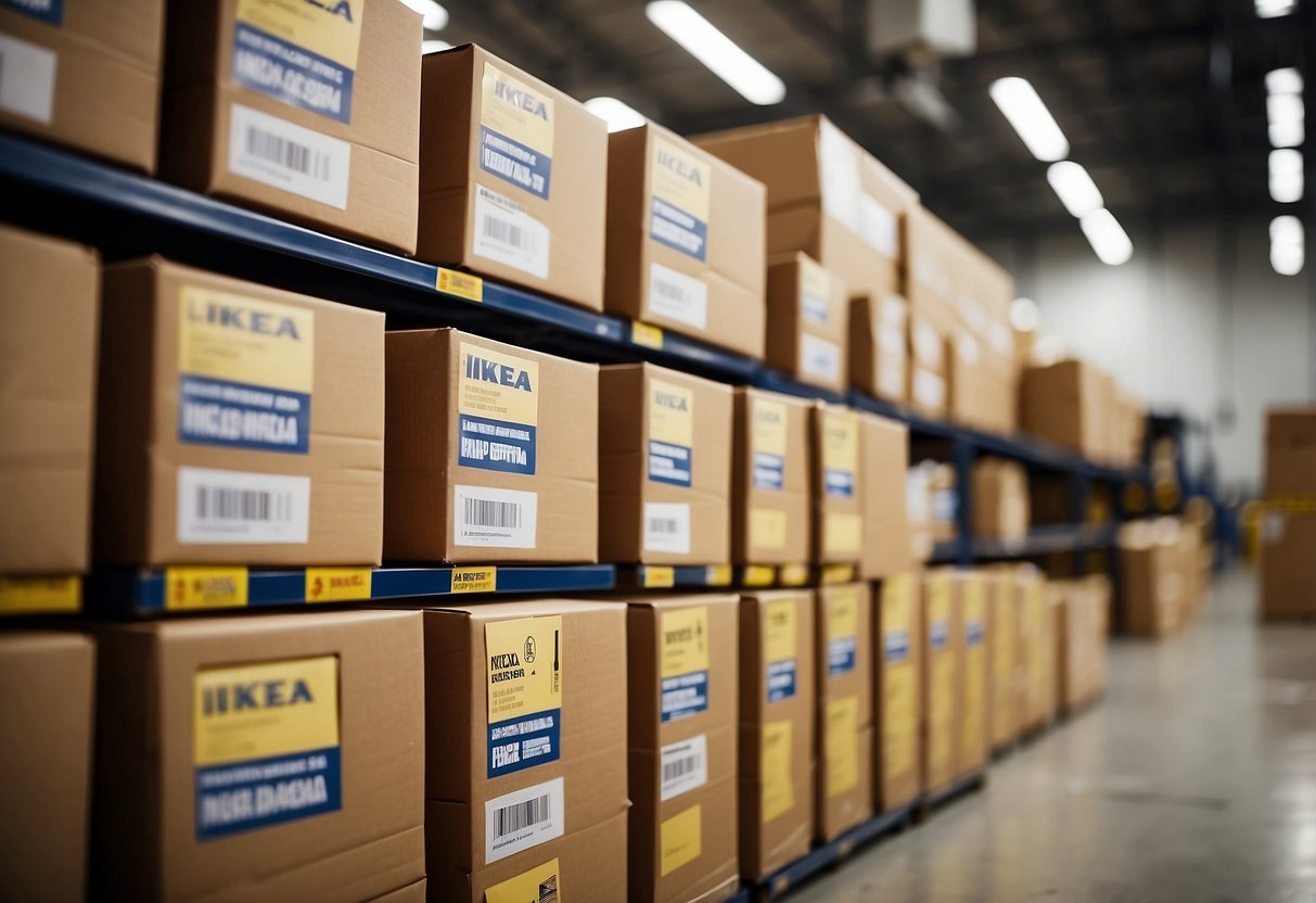 A stack of IKEA furniture packages with a "Frequently Asked Questions" label. Flat-packed boxes in various sizes, neatly arranged on a warehouse shelf