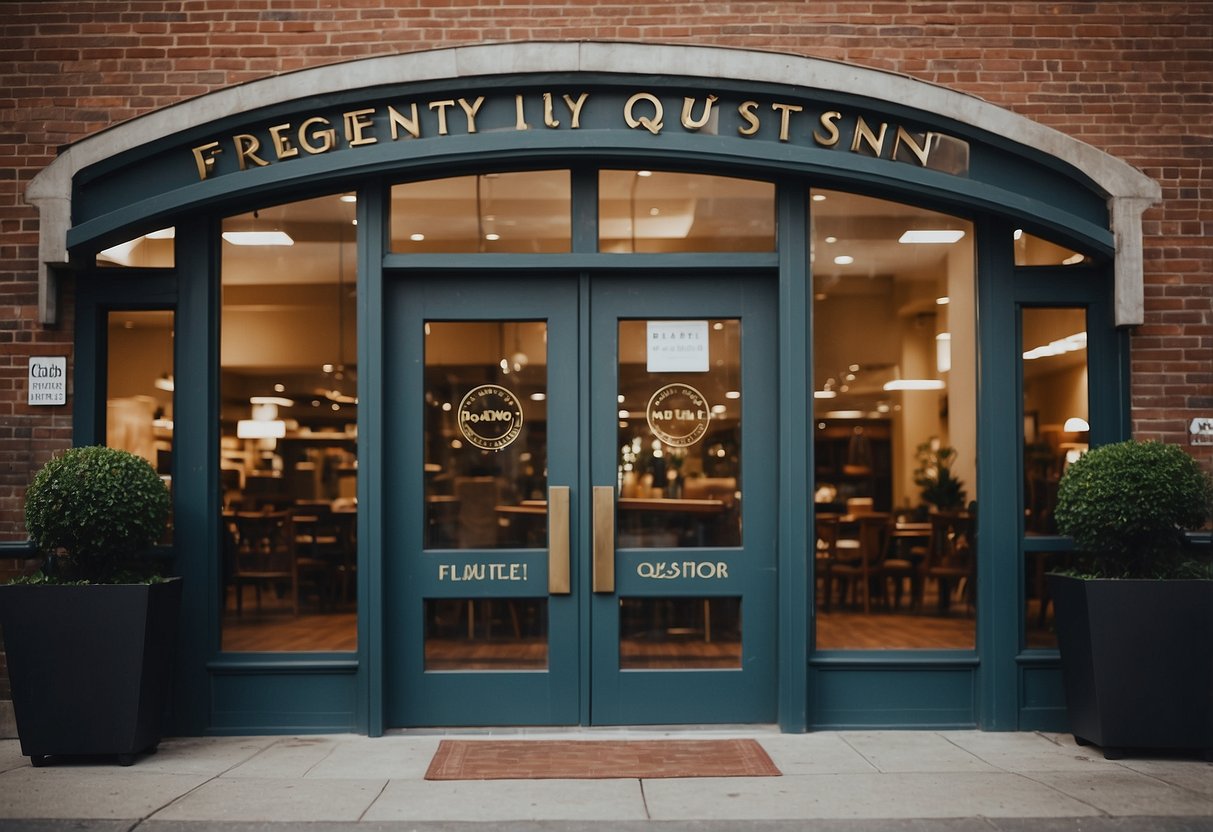 A furniture store's main door with a sign reading "Frequently Asked Questions" above it