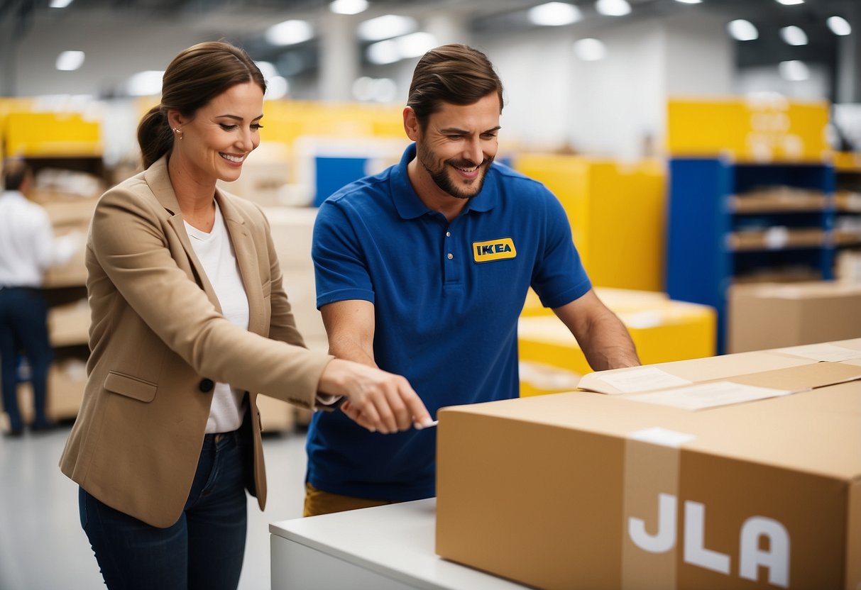 A customer returns a used piece of furniture to IKEA, receiving a refund or store credit as per the company's policy