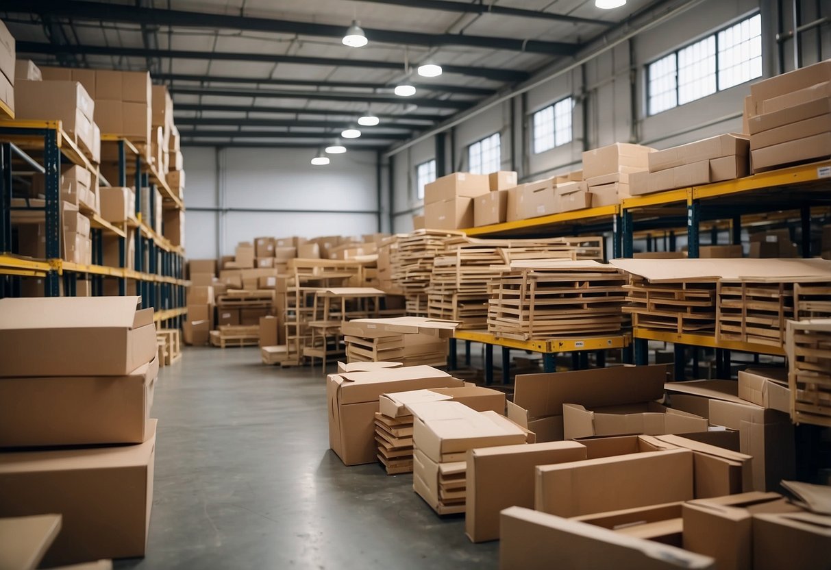 A pile of used IKEA furniture, including tables, chairs, and shelves, stacked neatly in a warehouse