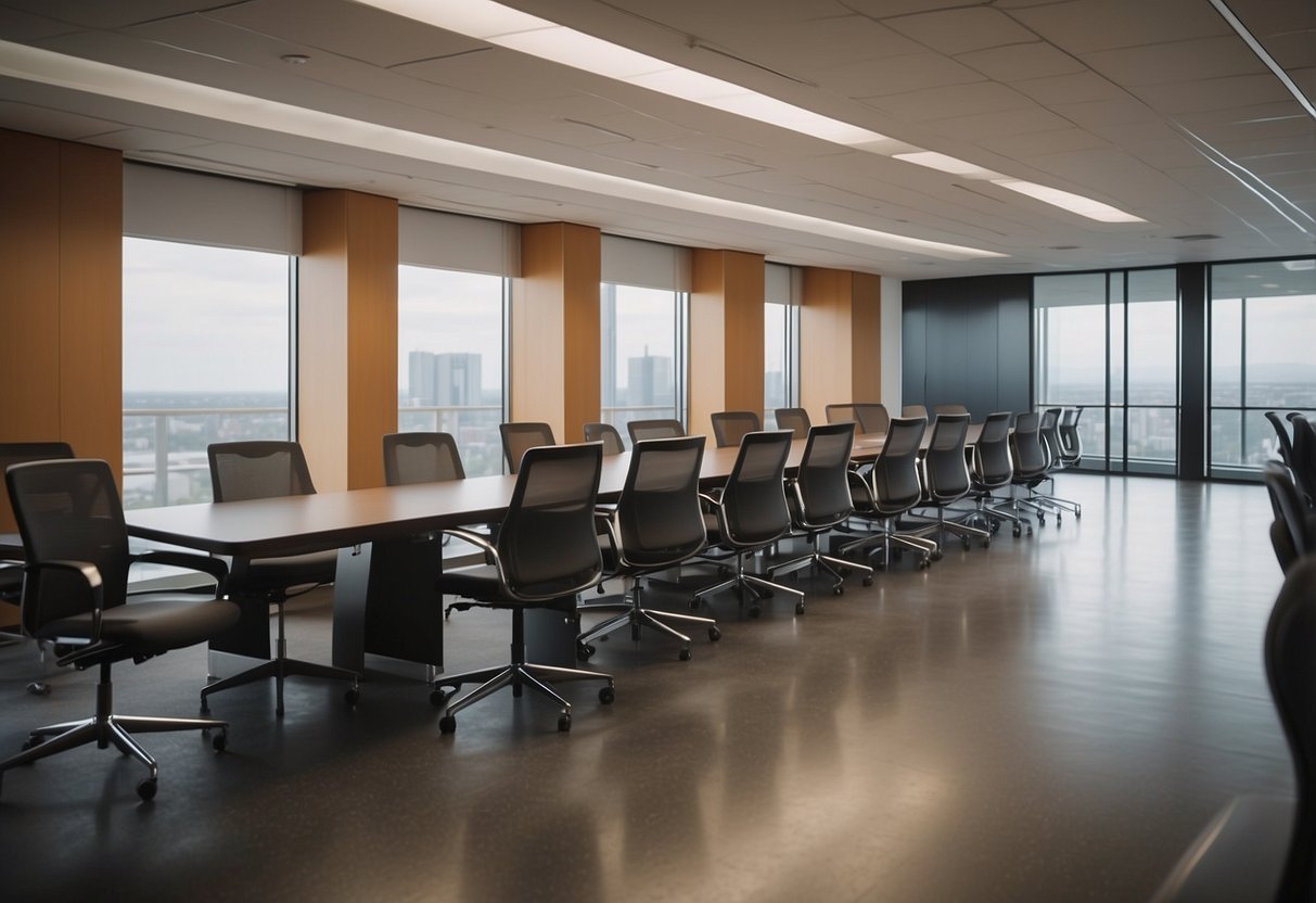 Office furniture seating: a row of ergonomic chairs around a conference table, with a sleek modern design and neutral color scheme
