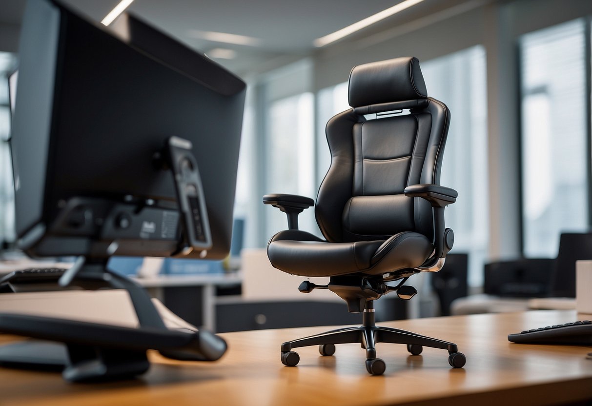 An office chair with adjustable armrests, a high back, and ergonomic design sits in front of a sleek desk with a computer monitor and keyboard