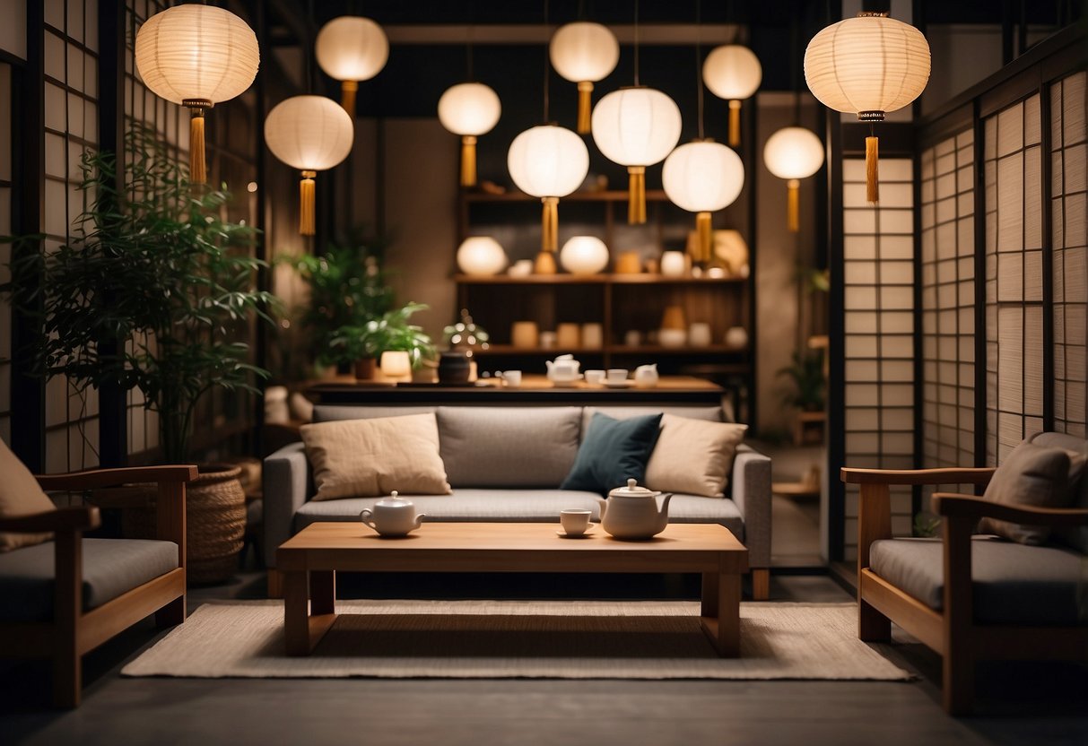 A cozy Japanese furniture shop in Singapore, with minimalist wooden shelves displaying elegant tea tables, floor cushions, and paper lanterns