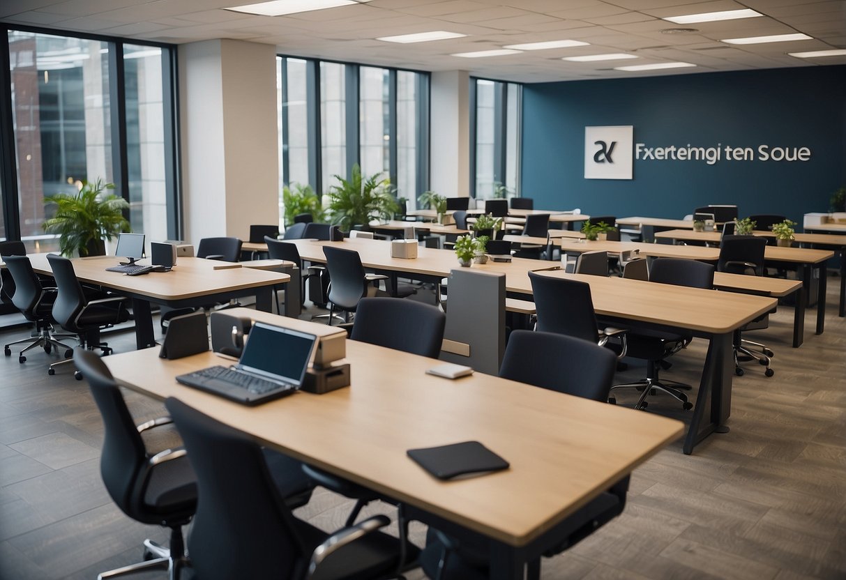 A modern office with rows of ergonomic chairs and desks, a reception area, and a sign displaying "Frequently Asked Questions office furniture seating."