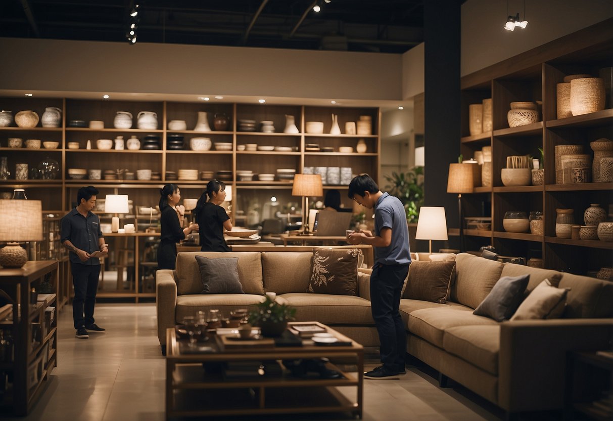 A busy Japanese furniture shop in Singapore with customers browsing, shelves stocked with traditional and modern pieces, and a helpful staff member assisting a customer