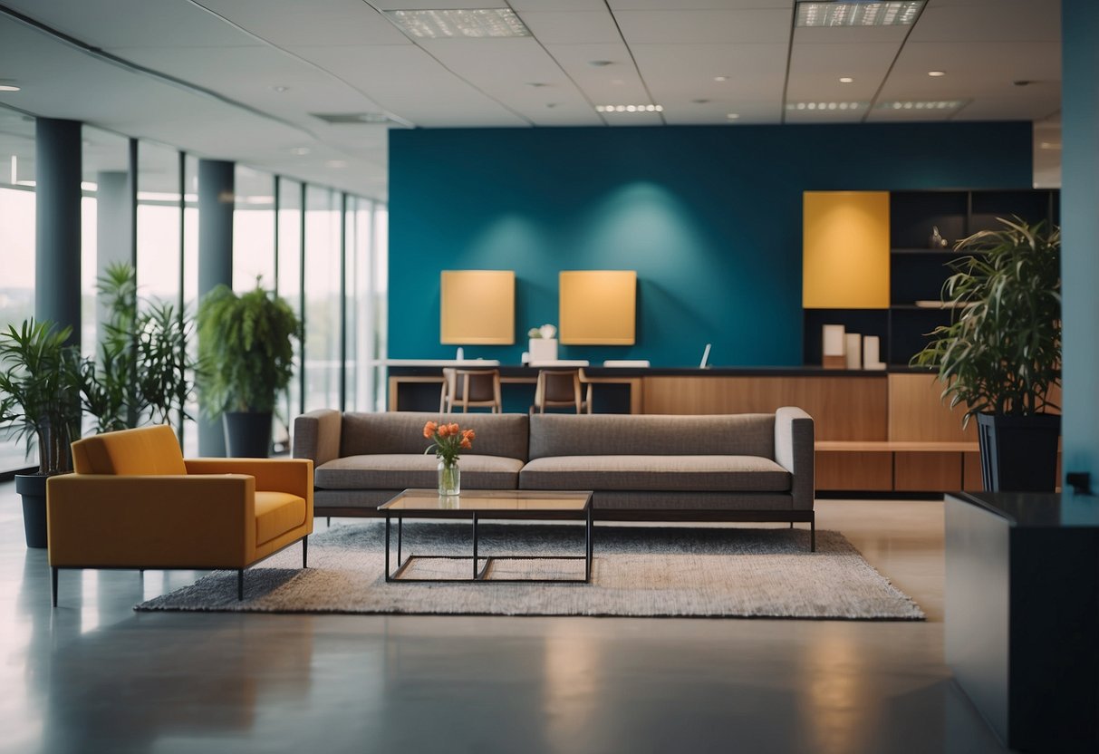 A person selects modern office reception furniture from a showroom display