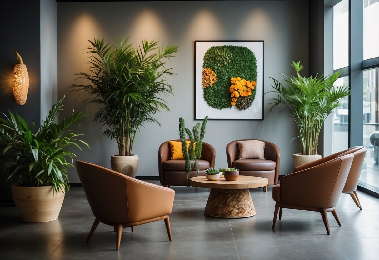 The reception area is furnished with modern, sleek chairs and a polished wooden desk. A large potted plant adds a touch of greenery, while the walls are adorned with colorful artwork