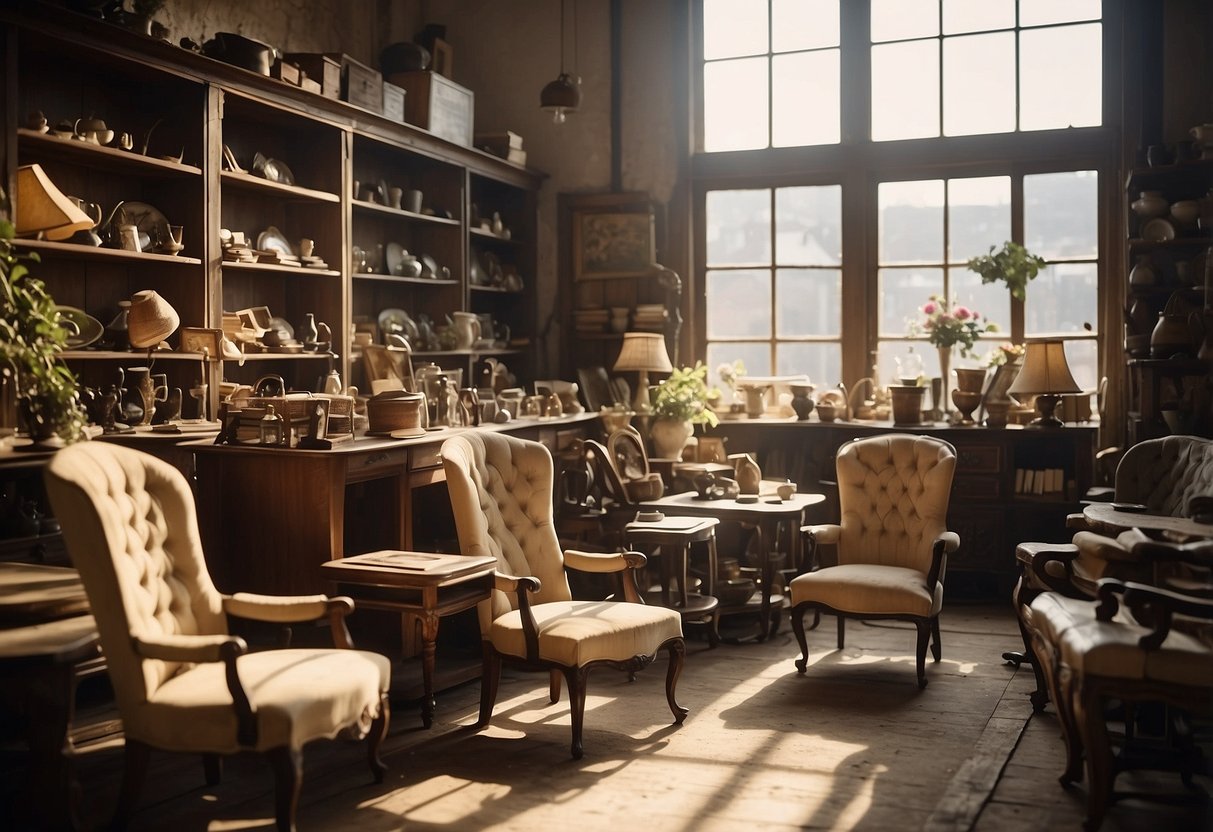 An old furniture shop bustles with buyers examining worn chairs and tables. Dusty shelves hold vintage knick-knacks. Sunlight streams through cracked windows