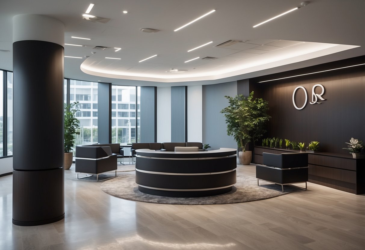 A modern reception area with sleek, minimalist furniture and a large, prominent sign displaying "Frequently Asked Questions." The furniture includes comfortable seating for visitors and a sleek, uncluttered desk for the receptionist