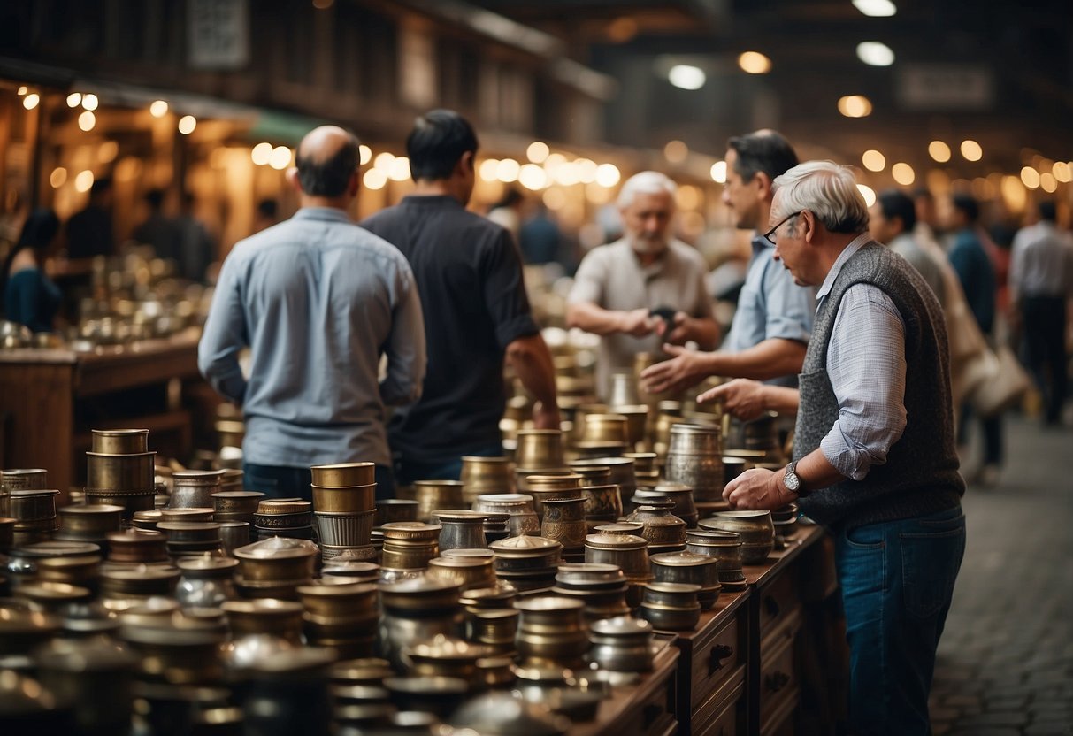 Buyers and sellers interact at a bustling old furniture market, inspecting and negotiating prices for various antique pieces